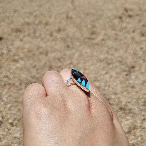 Zuni Multi Stones Diamond Shape Sterling Silver Native American Jewelry Sz 6.5US - Picture 7 of 13